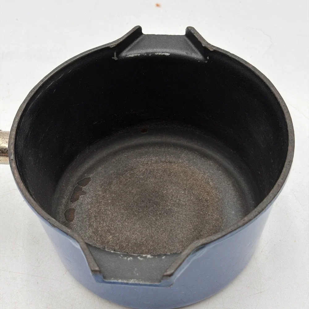 VTG Le Creuset Blue Enameled Cast Iron 1 QT Double Pour Saucepan W/Wood Handle